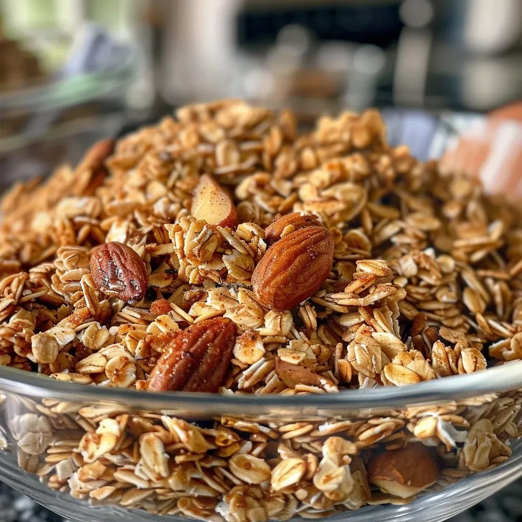 ['Close-up view of a bowl filled with healthy homemade granola.', 'Side angle of an appetizing bowl of crunchy granola featuring oats and rice cereal.', 'Detailed image of delicious granola with nuts and a honey glaze in a rustic bowl.', 'Mouth-watering homemade granola sprinkled with cinnamon and served in a glass jar.']
