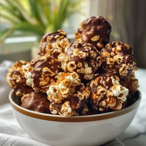 ['Close-up of healthy popcorn balls coated in chocolate and peanut butter.', 'Side view of popcorn balls with a shiny chocolate exterior, garnished with nuts.', 'Healthy popcorn balls featuring a mix of chocolate and peanut butter, displayed on a plate.', 'Tasty popcorn balls made with dark chocolate and peanut butter, presented attractively.']