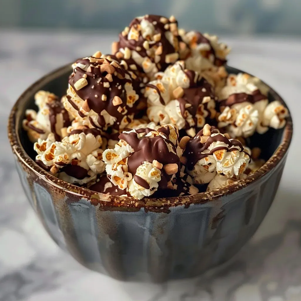 ['Close-up of healthy popcorn balls coated in chocolate and peanut butter.', 'Side view of popcorn balls with a shiny chocolate exterior, garnished with nuts.', 'Healthy popcorn balls featuring a mix of chocolate and peanut butter, displayed on a plate.', 'Tasty popcorn balls made with dark chocolate and peanut butter, presented attractively.']