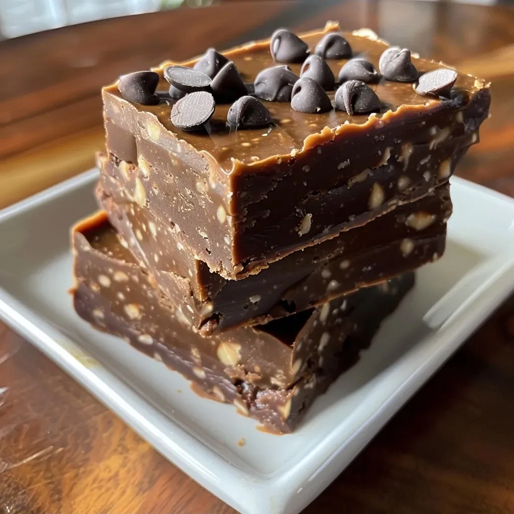 ['Close-up of a slice of healthy vegan protein fudge with a rich chocolate exterior and a creamy texture.', 'Side view of a decadent piece of protein fudge, showcasing its smooth, dark chocolate layer.', 'Detailed shot of vegan protein fudge highlighting its glossy finish and nutty undertones.', 'Enticing view of healthy protein fudge with visible ingredients blended into a thick, fudge-like consistency.']