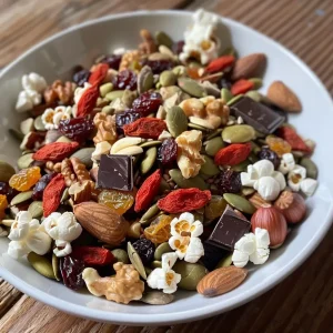 ['A vibrant assortment of healthy trail mix ingredients, including nuts, dried fruits, and popcorn, displayed in a close-up shot.', 'A colorful array of nuts and fruits in a healthy trail mix, captured from a side view on a clean background.', 'Close-up view of healthy trail mix containing popcorn, nuts, and dark chocolate chunks, showcasing its texture and colors.', 'An inviting close-up of a bowl filled with assorted healthy trail mix ingredients like almonds, goji berries, and coconut flakes.']