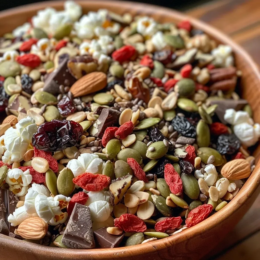 ['A vibrant assortment of healthy trail mix ingredients, including nuts, dried fruits, and popcorn, displayed in a close-up shot.', 'A colorful array of nuts and fruits in a healthy trail mix, captured from a side view on a clean background.', 'Close-up view of healthy trail mix containing popcorn, nuts, and dark chocolate chunks, showcasing its texture and colors.', 'An inviting close-up of a bowl filled with assorted healthy trail mix ingredients like almonds, goji berries, and coconut flakes.']