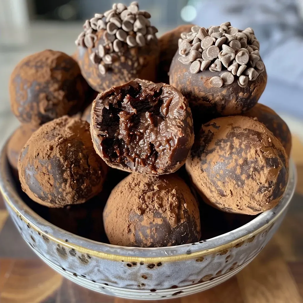 ['Close-up view of chocolate truffles topped with flake salt and chocolate jimmies.', 'Side angle shot of healthy vegan chocolate truffles with a rich cocoa coating.', 'Juicy vegan chocolate truffles arranged with a sprinkle of flake salt and colorful jimmies.', 'Detailed image of delectable chocolate truffles made with cocoa and dark chocolate chips.']