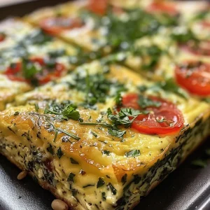 ['Close-up view of a perfectly cooked Herb Frittata with vibrant green herbs and sun-dried tomatoes.', 'Side angle shot of a delicious Herb Frittata featuring fresh herbs and a golden crust.', 'Juicy Herb Frittata with a rich texture, displaying parsley, mint, and cheese.', 'A slice of Herb Frittata showcasing colorful ingredients like dill, thyme, and toasted pine nuts.']
