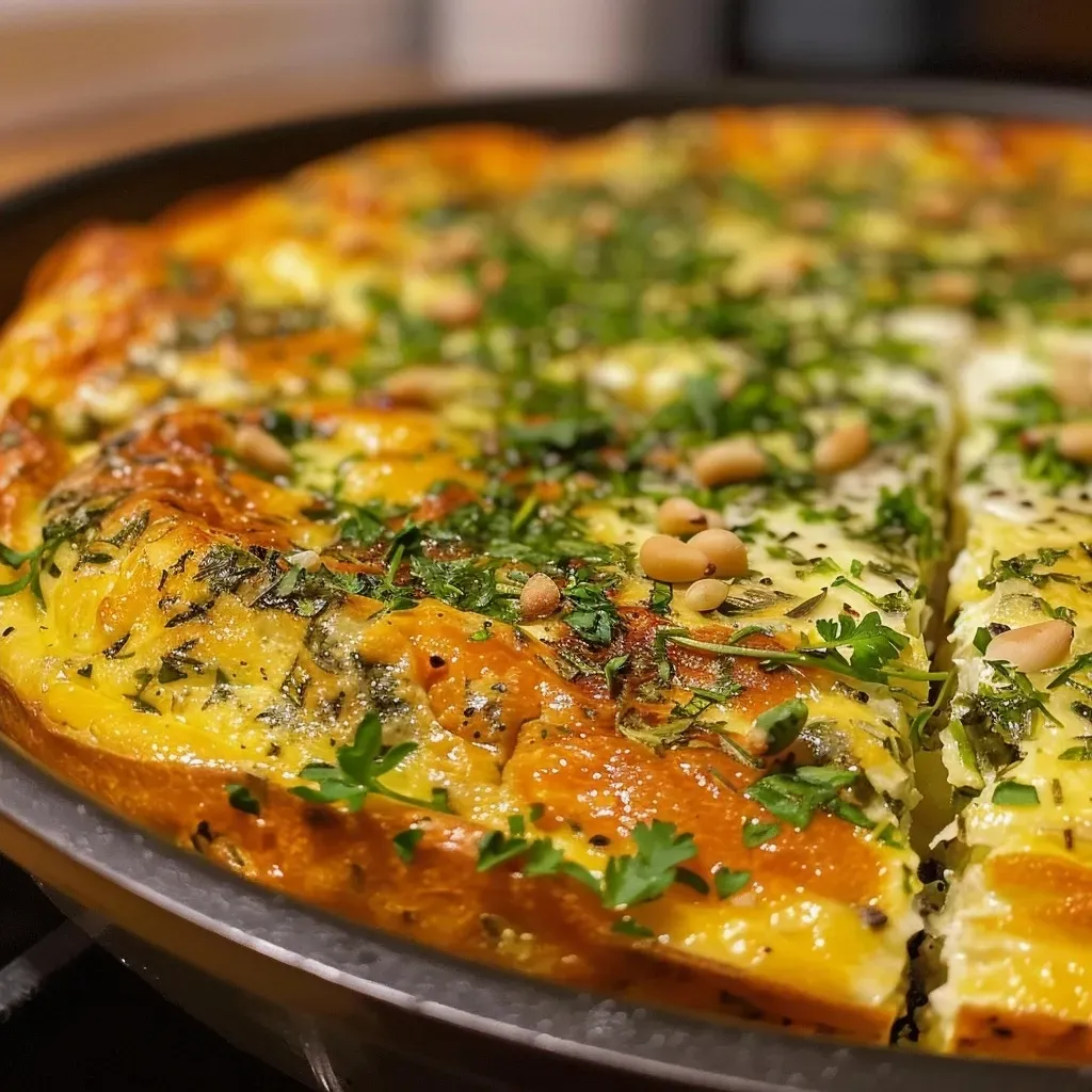 ['Close-up view of a perfectly cooked Herb Frittata with vibrant green herbs and sun-dried tomatoes.', 'Side angle shot of a delicious Herb Frittata featuring fresh herbs and a golden crust.', 'Juicy Herb Frittata with a rich texture, displaying parsley, mint, and cheese.', 'A slice of Herb Frittata showcasing colorful ingredients like dill, thyme, and toasted pine nuts.']