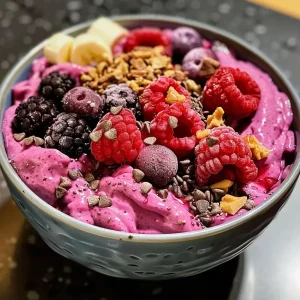 ['Close-up view of a colorful smoothie bowl topped with fresh berries and nuts.', 'Side view of a high-protein smoothie bowl filled with vibrant frozen berries and creamy texture.', 'Juicy smoothie bowl featuring a blend of berries, creamy skyr, and a sprinkle of protein powder.', 'Delicious smoothie bowl with a mix of frozen berries, protein powder, and a drizzle of syrup.']