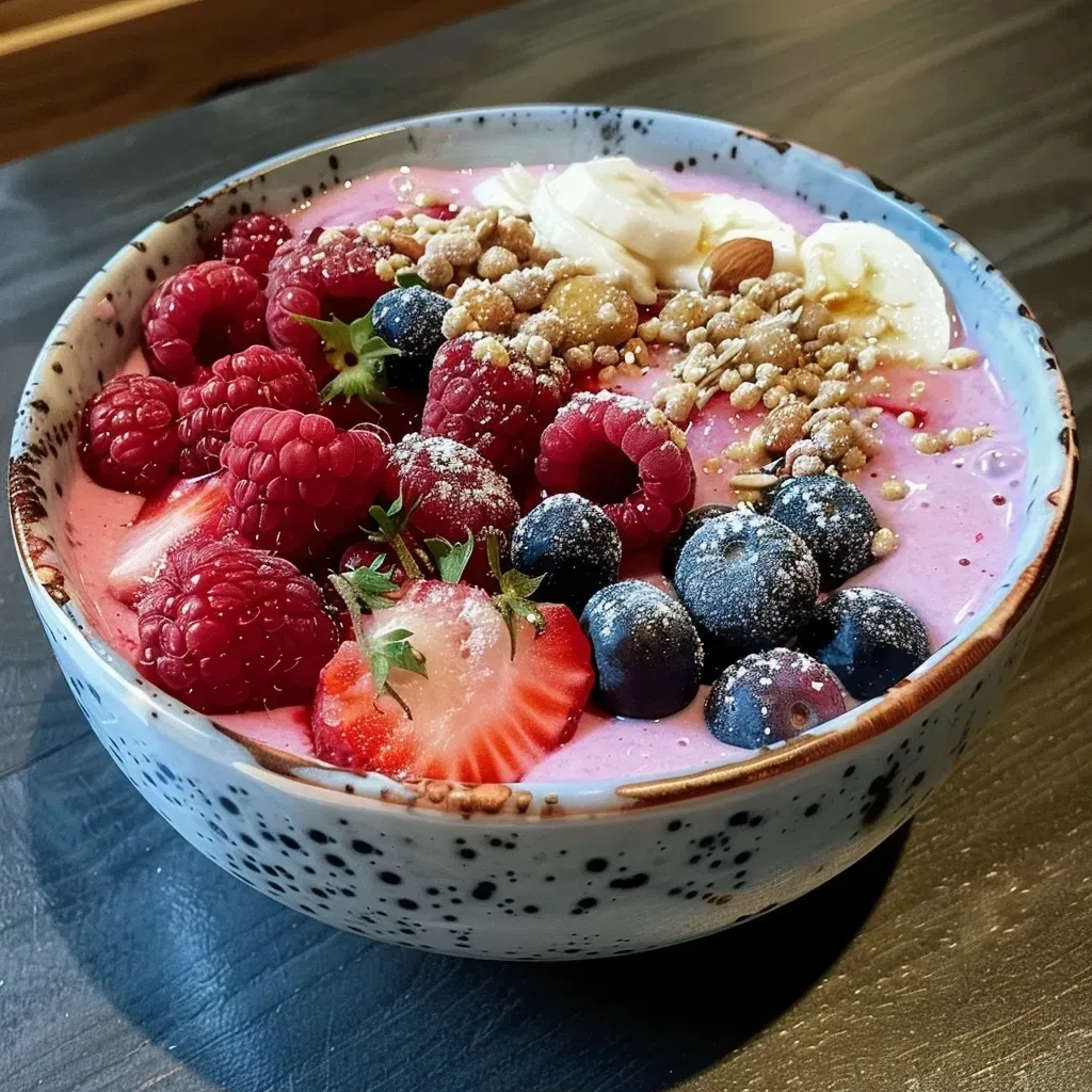 ['Close-up view of a colorful smoothie bowl topped with fresh berries and nuts.', 'Side view of a high-protein smoothie bowl filled with vibrant frozen berries and creamy texture.', 'Juicy smoothie bowl featuring a blend of berries, creamy skyr, and a sprinkle of protein powder.', 'Delicious smoothie bowl with a mix of frozen berries, protein powder, and a drizzle of syrup.']