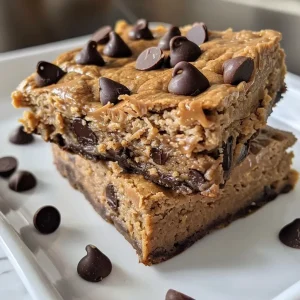 ['Side view of high protein blondies, showcasing a moist texture with chocolate chips.', 'Close-up of golden brown blondies topped with dark chocolate chips, displayed on a wooden surface.', 'Juicy high protein blondies stacked, revealing a creamy peanut butter layer and dark chocolate chunks.', 'Delicious blondies with a rich, golden crust, featuring chips melting into the batter.']