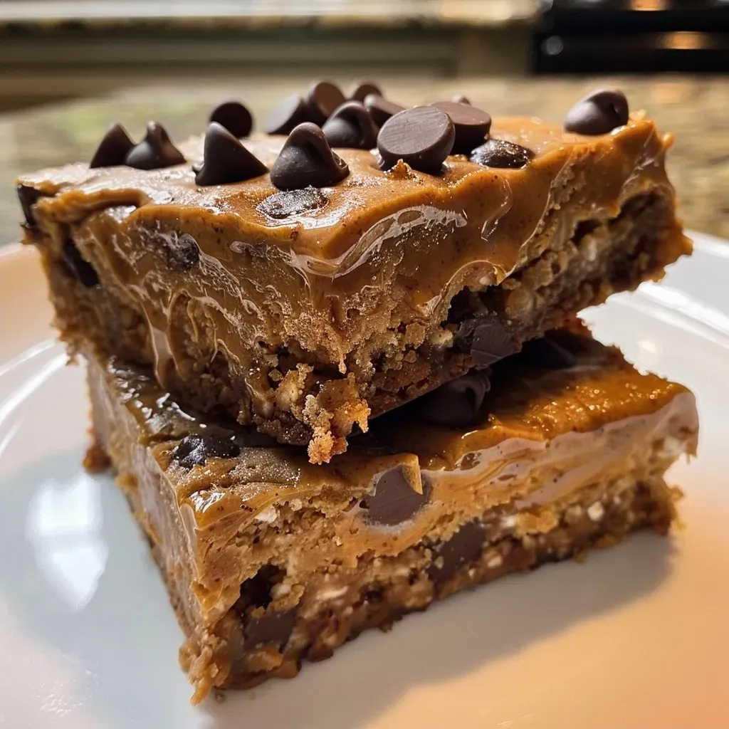 ['Side view of high protein blondies, showcasing a moist texture with chocolate chips.', 'Close-up of golden brown blondies topped with dark chocolate chips, displayed on a wooden surface.', 'Juicy high protein blondies stacked, revealing a creamy peanut butter layer and dark chocolate chunks.', 'Delicious blondies with a rich, golden crust, featuring chips melting into the batter.']