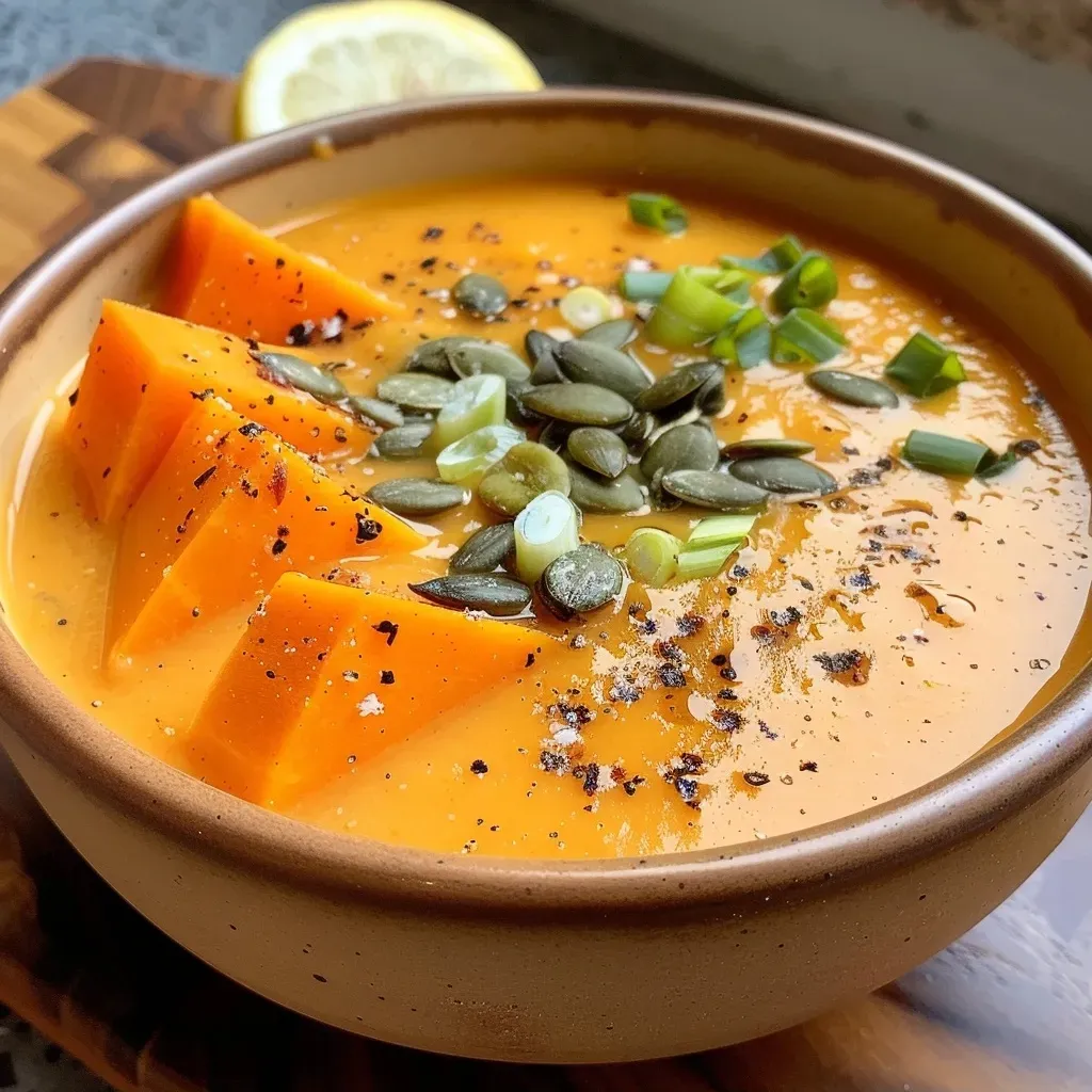 ['A close-up view of a creamy butternut squash soup garnished with green onions and pumpkin seeds.', 'A bowl of vibrant orange butternut squash soup with a spoon resting beside it, featuring toppings of pumpkin seeds.', 'A side view of thick butternut squash soup in a rustic bowl, highlighting its smooth texture and colorful garnishes.', 'An appetizing serving of high protein butternut squash soup topped with sliced green onions and seeds, with fresh ingredients in the background.']