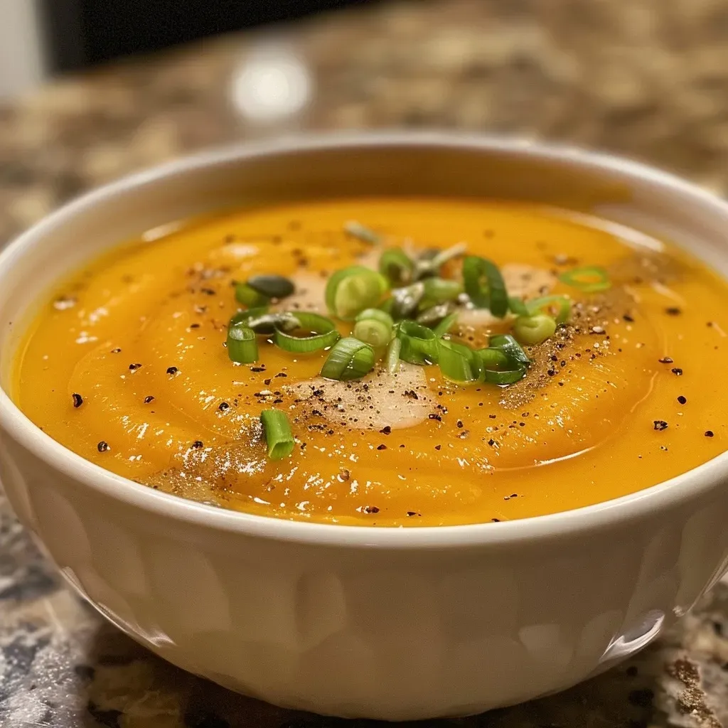 ['A close-up view of a creamy butternut squash soup garnished with green onions and pumpkin seeds.', 'A bowl of vibrant orange butternut squash soup with a spoon resting beside it, featuring toppings of pumpkin seeds.', 'A side view of thick butternut squash soup in a rustic bowl, highlighting its smooth texture and colorful garnishes.', 'An appetizing serving of high protein butternut squash soup topped with sliced green onions and seeds, with fresh ingredients in the background.']
