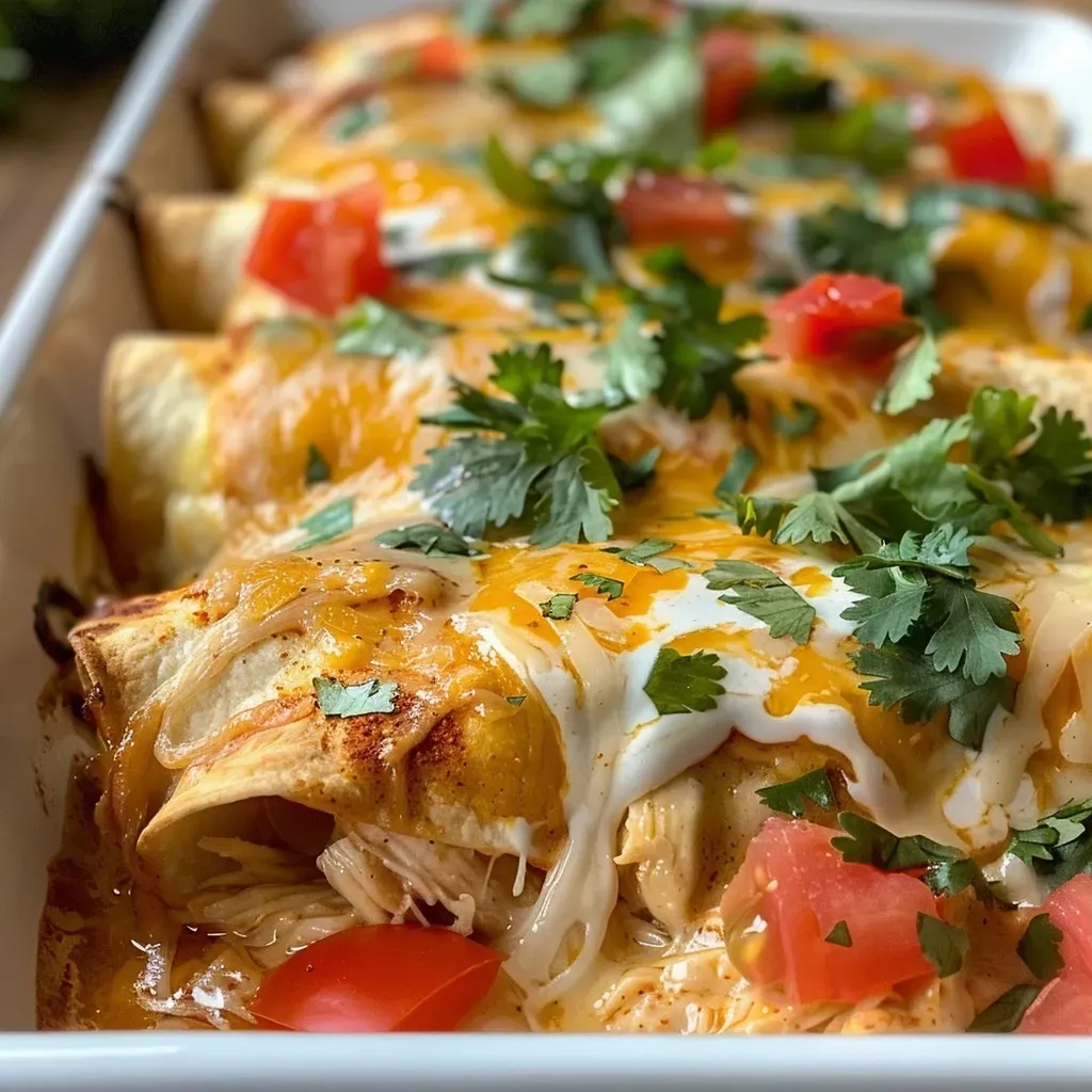 ['Juicy chicken enchiladas topped with melted cheese and fresh ingredients, served on a plate.', 'Close-up side view of high protein chicken enchiladas, revealing cheese and tortilla layers.', 'Delicious high protein chicken enchiladas garnished with yogurt and herbs, showcased on a colorful plate.', 'Sliced chicken enchiladas with a golden crust, showcasing the filling, served with a side of Greek yogurt.']