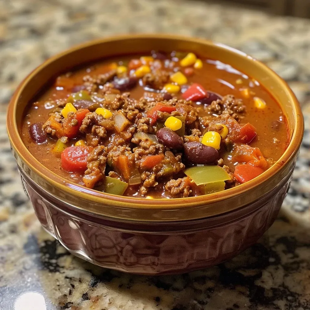 ['Close-up view of a hearty bowl of high protein chili with vibrant ingredients visible.', 'Side view of a delicious high protein chili featuring ground beef, beans, and spices.', 'Juicy high protein chili in a bowl, showcasing diced vegetables and rich colors.', 'A close-up shot of slow-cooked high protein chili, highlighting its thick and inviting texture.']