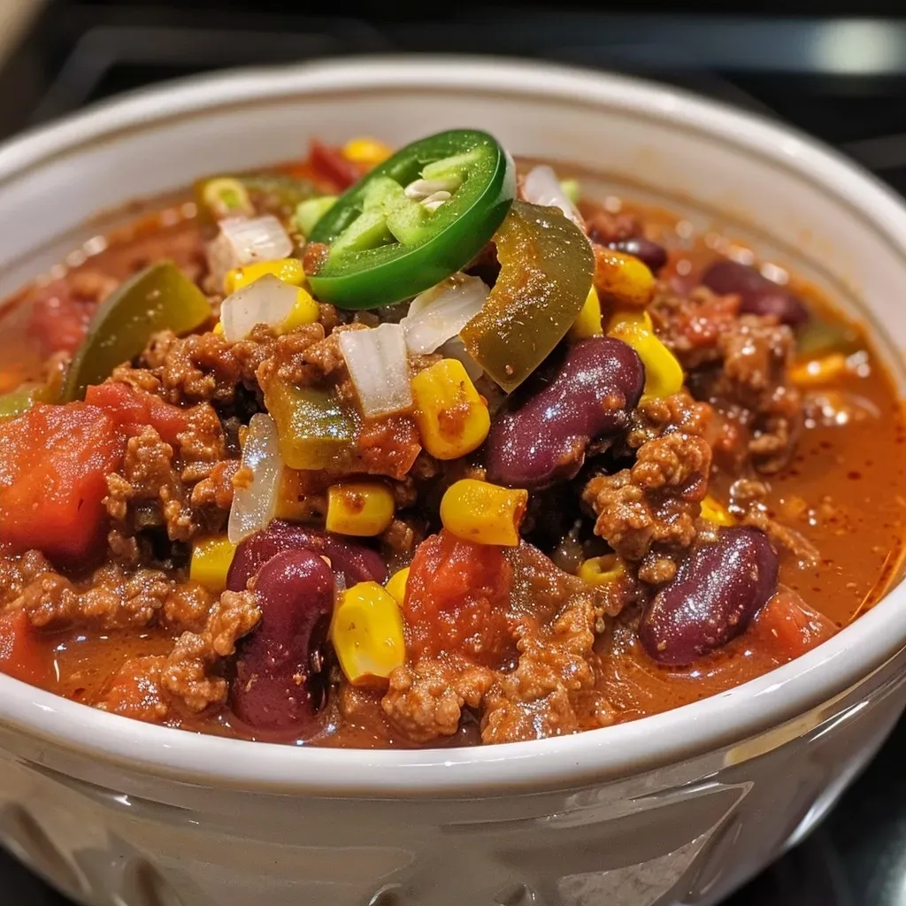 ['Close-up view of a hearty bowl of high protein chili with vibrant ingredients visible.', 'Side view of a delicious high protein chili featuring ground beef, beans, and spices.', 'Juicy high protein chili in a bowl, showcasing diced vegetables and rich colors.', 'A close-up shot of slow-cooked high protein chili, highlighting its thick and inviting texture.']
