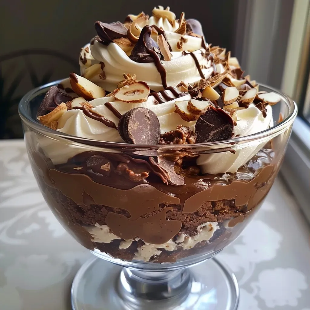 ['Close-up of a high-protein chocolate trifle layered with brownies, chocolate pudding, and whipped topping.', 'Side view of a delicious chocolate trifle showcasing layers of protein-rich ingredients and toppings.', 'A mouth-watering chocolate trifle featuring protein brownies, pudding, and garnished with almonds and chocolate chips.', 'High-protein chocolate trifle in a glass dish, highlighting its creamy layers and crunchy toppings.']