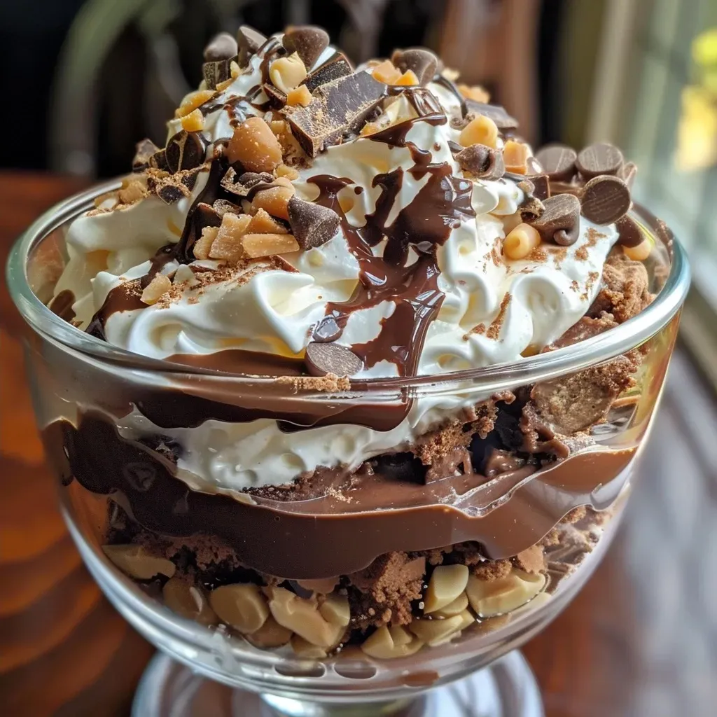 ['Close-up of a high-protein chocolate trifle layered with brownies, chocolate pudding, and whipped topping.', 'Side view of a delicious chocolate trifle showcasing layers of protein-rich ingredients and toppings.', 'A mouth-watering chocolate trifle featuring protein brownies, pudding, and garnished with almonds and chocolate chips.', 'High-protein chocolate trifle in a glass dish, highlighting its creamy layers and crunchy toppings.']
