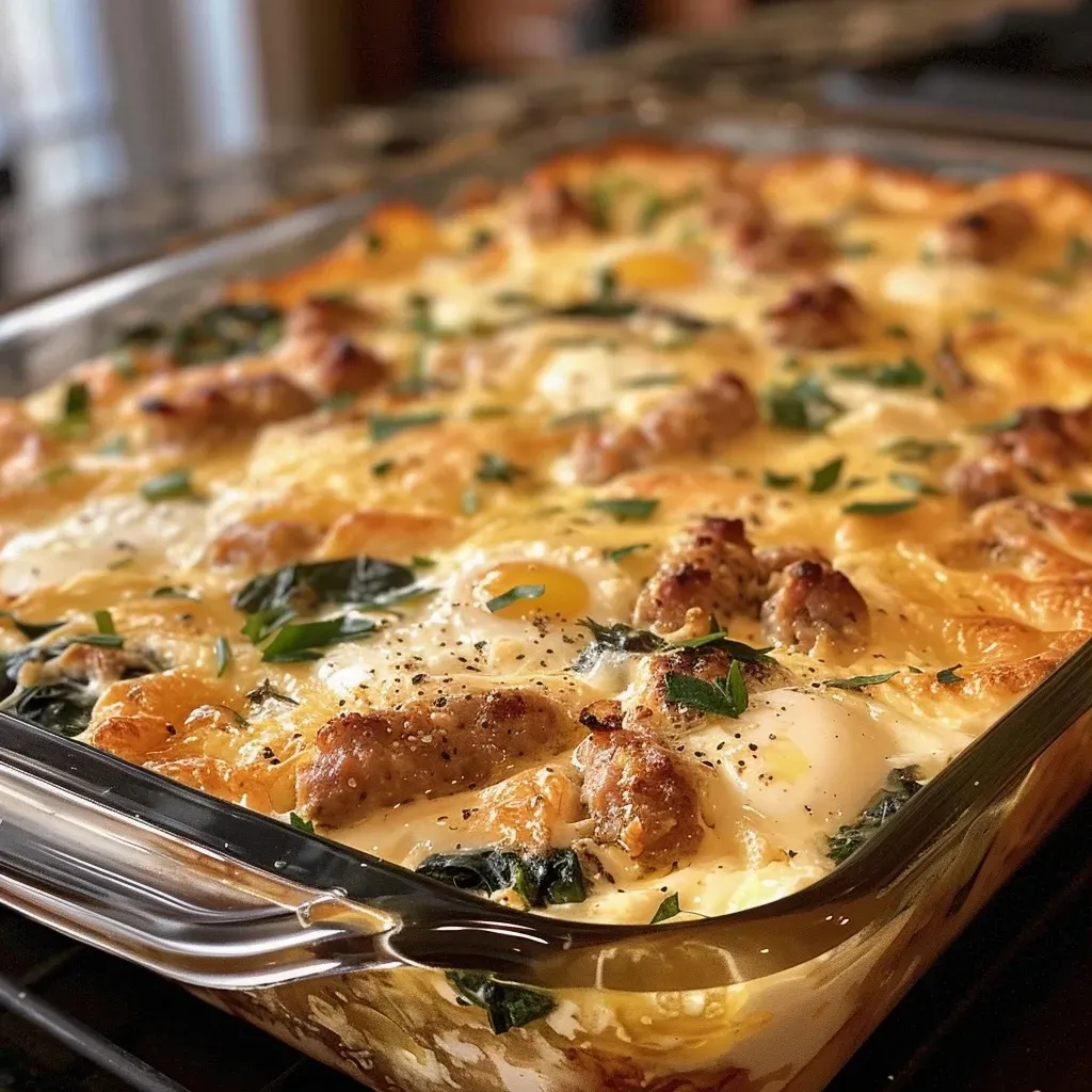 ['Close-up view of a high-protein egg bake featuring sliced sausage and spinach.', 'Side view of a golden-brown egg bake loaded with cheese and vegetables.', 'Juicy egg bake with visible layers of chicken sausage, spinach, and mozzarella.', 'Delicious high-protein egg bake presented on a plate, showcasing colorful ingredients.']