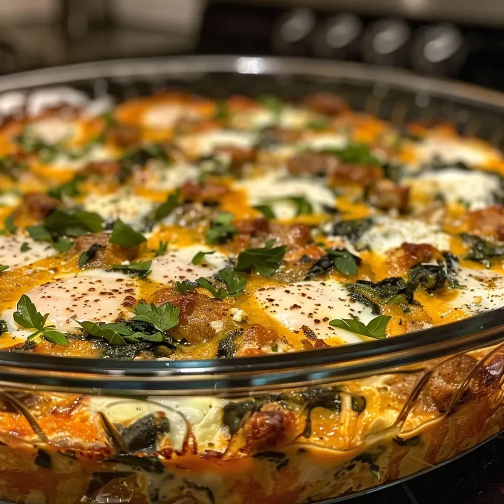 ['Close-up view of a high-protein egg bake featuring sliced sausage and spinach.', 'Side view of a golden-brown egg bake loaded with cheese and vegetables.', 'Juicy egg bake with visible layers of chicken sausage, spinach, and mozzarella.', 'Delicious high-protein egg bake presented on a plate, showcasing colorful ingredients.']