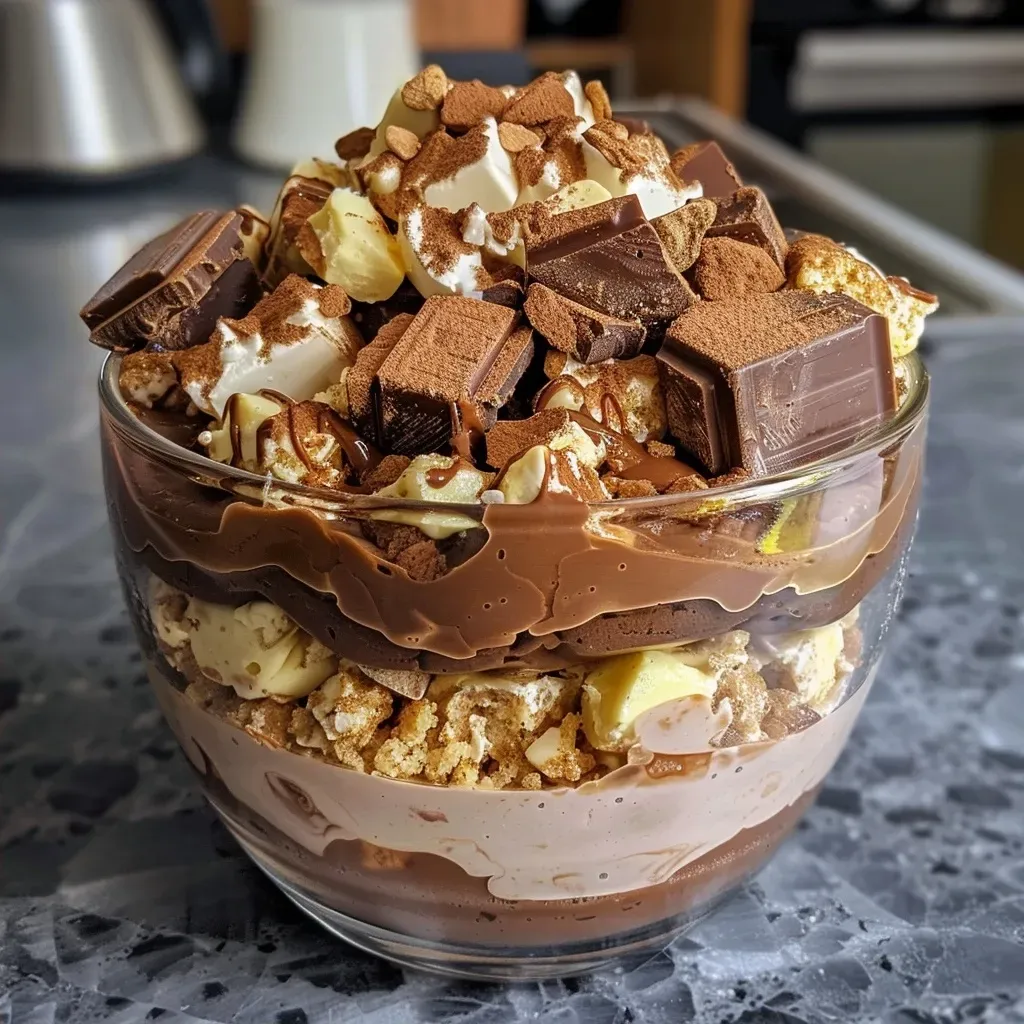 ['Side view of a luscious High Protein Fudge Trifle, showcasing layers of chocolate and yogurt.', 'Close-up image of a decadent High Protein Fudge Trifle with visible layers of protein-rich ingredients.', 'Detailed side perspective of a fudge trifle, highlighting creamy layers and chunks of chocolate.', 'Appetizing close-up of a High Protein Fudge Trifle, featuring glossy chocolate and creamy textures.']