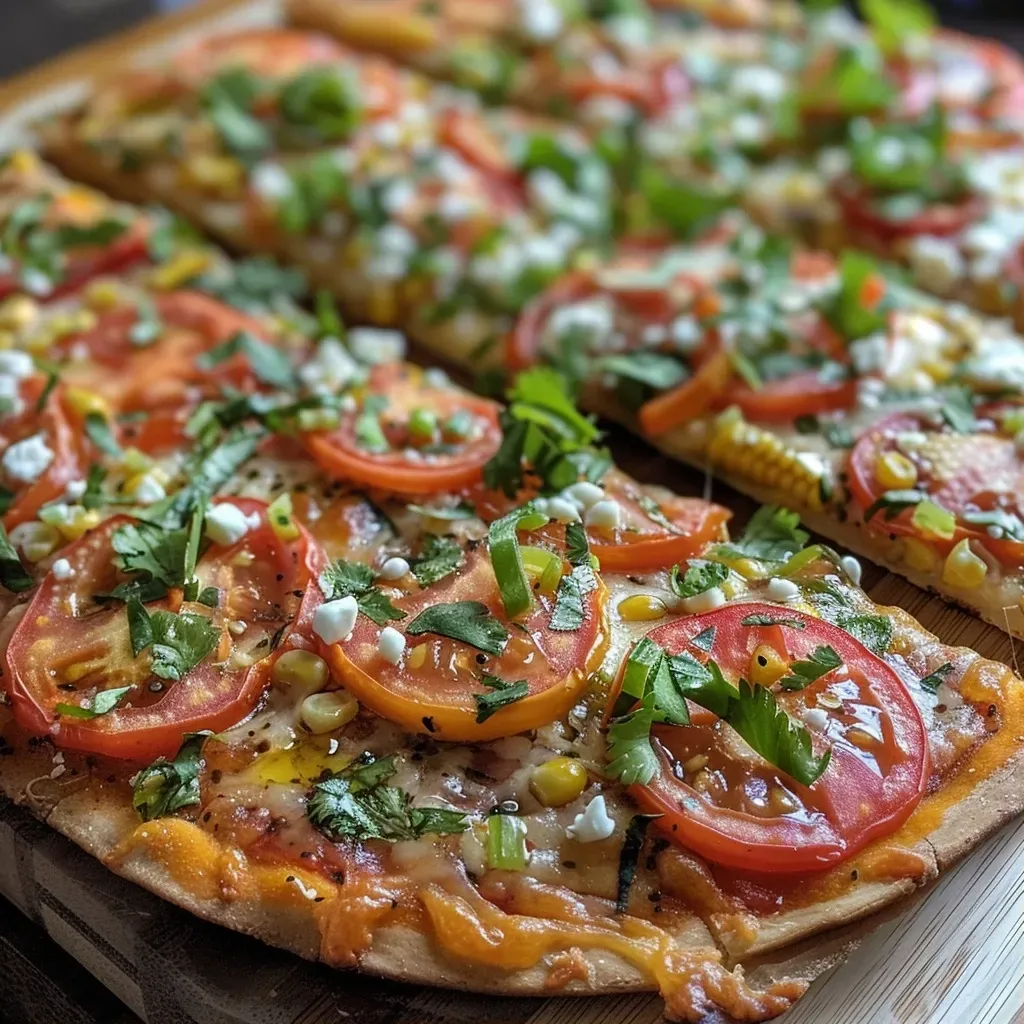 ['Close-up view of a high-protein mung dal pizza topped with colorful vegetables and cheese.', 'Side view of a mung dal pizza showcasing its vibrant toppings and golden crust.', 'Juicy mung dal pizza with melted cheese, diced vegetables, and a crispy edge.', 'Delicious high-protein pizza made with yellow mung dal, featuring fresh ingredients and spices.']
