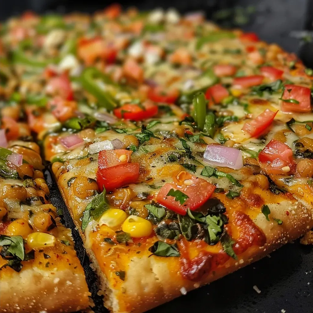 ['Close-up view of a high-protein mung dal pizza topped with colorful vegetables and cheese.', 'Side view of a mung dal pizza showcasing its vibrant toppings and golden crust.', 'Juicy mung dal pizza with melted cheese, diced vegetables, and a crispy edge.', 'Delicious high-protein pizza made with yellow mung dal, featuring fresh ingredients and spices.']
