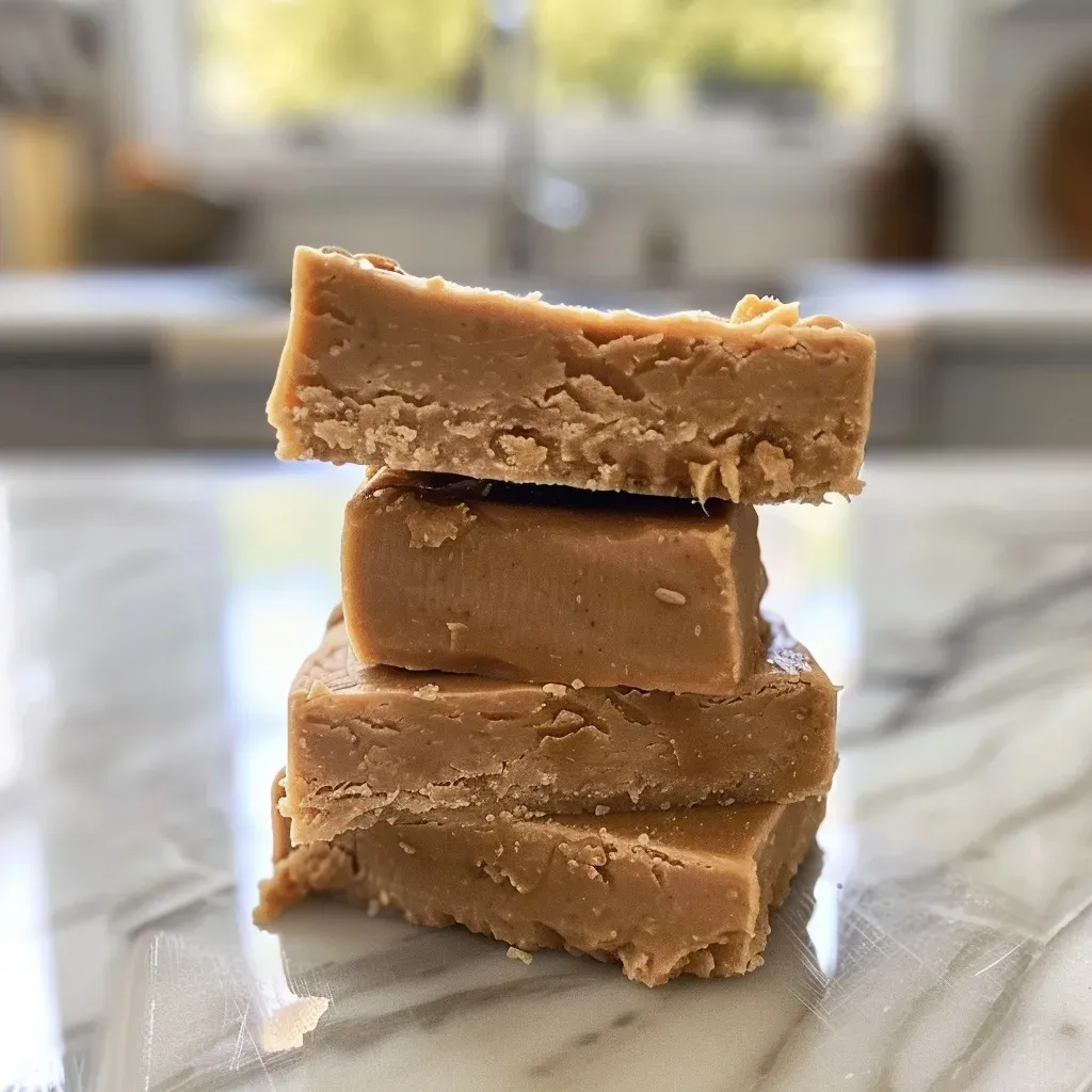['Close-up view of a thick slice of peanut butter fudge on a wooden surface.', 'Side view of creamy high-protein peanut butter fudge with a rich golden-brown color.', 'A portion of peanut butter fudge displayed on a rustic table with a soft focus background.', 'Close-up of high-protein fudge cut into squares showcasing its smooth texture.']