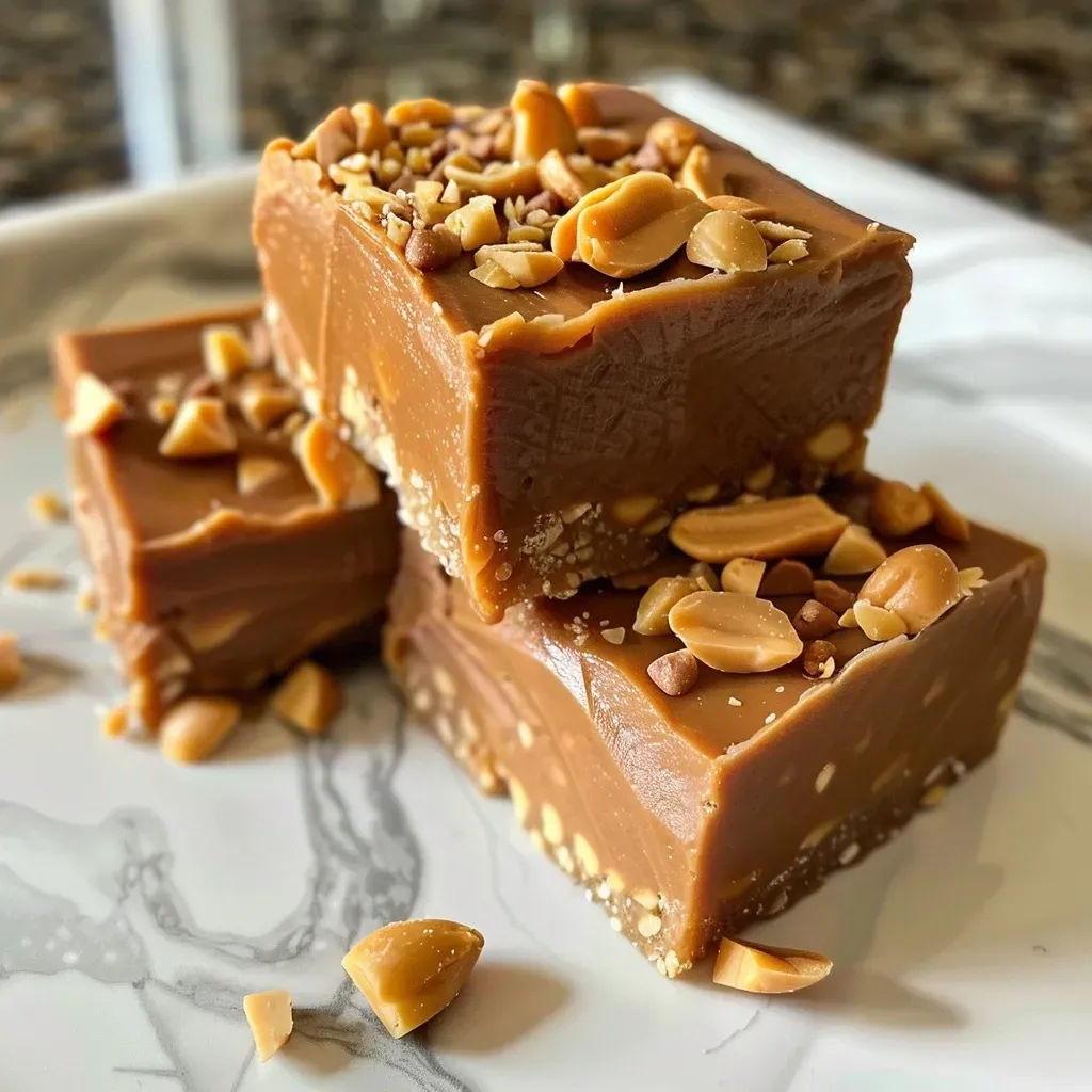['Close-up view of a thick slice of peanut butter fudge on a wooden surface.', 'Side view of creamy high-protein peanut butter fudge with a rich golden-brown color.', 'A portion of peanut butter fudge displayed on a rustic table with a soft focus background.', 'Close-up of high-protein fudge cut into squares showcasing its smooth texture.']