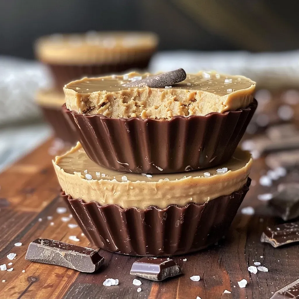 ['Close-up side view of high protein peanut butter mousse cups with a smooth and creamy texture, topped with dark chocolate and flaky sea salt.', 'Delicious high protein peanut butter mousse cups presented in a clear cup, showcasing layers of peanut butter and creamy mousse.', 'Rich and creamy high protein peanut butter mousse cups, garnished with dark chocolate and a sprinkle of sea salt, captured in natural light.', 'Side view of decadent mousse cups filled with peanut butter mousse, featuring a glossy chocolate topping and a touch of sea salt.']