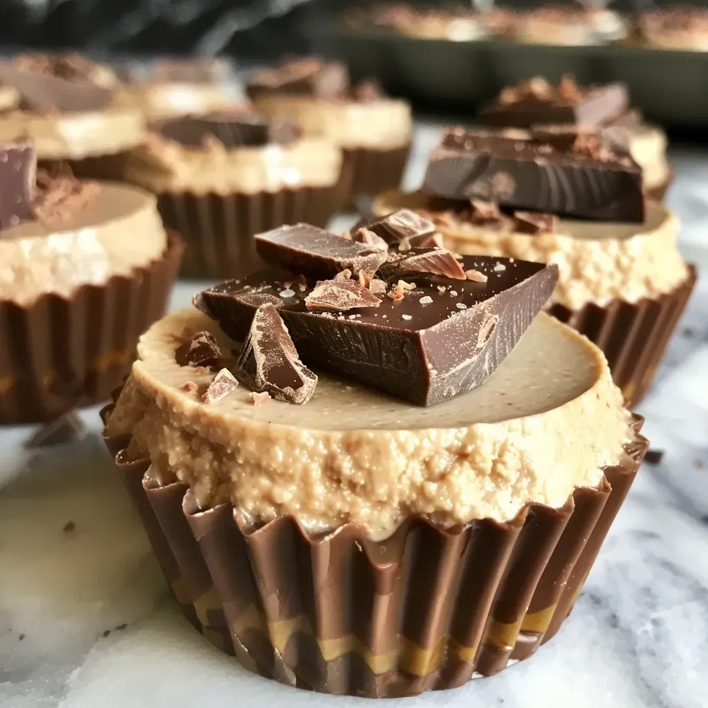 ['Close-up side view of high protein peanut butter mousse cups with a smooth and creamy texture, topped with dark chocolate and flaky sea salt.', 'Delicious high protein peanut butter mousse cups presented in a clear cup, showcasing layers of peanut butter and creamy mousse.', 'Rich and creamy high protein peanut butter mousse cups, garnished with dark chocolate and a sprinkle of sea salt, captured in natural light.', 'Side view of decadent mousse cups filled with peanut butter mousse, featuring a glossy chocolate topping and a touch of sea salt.']