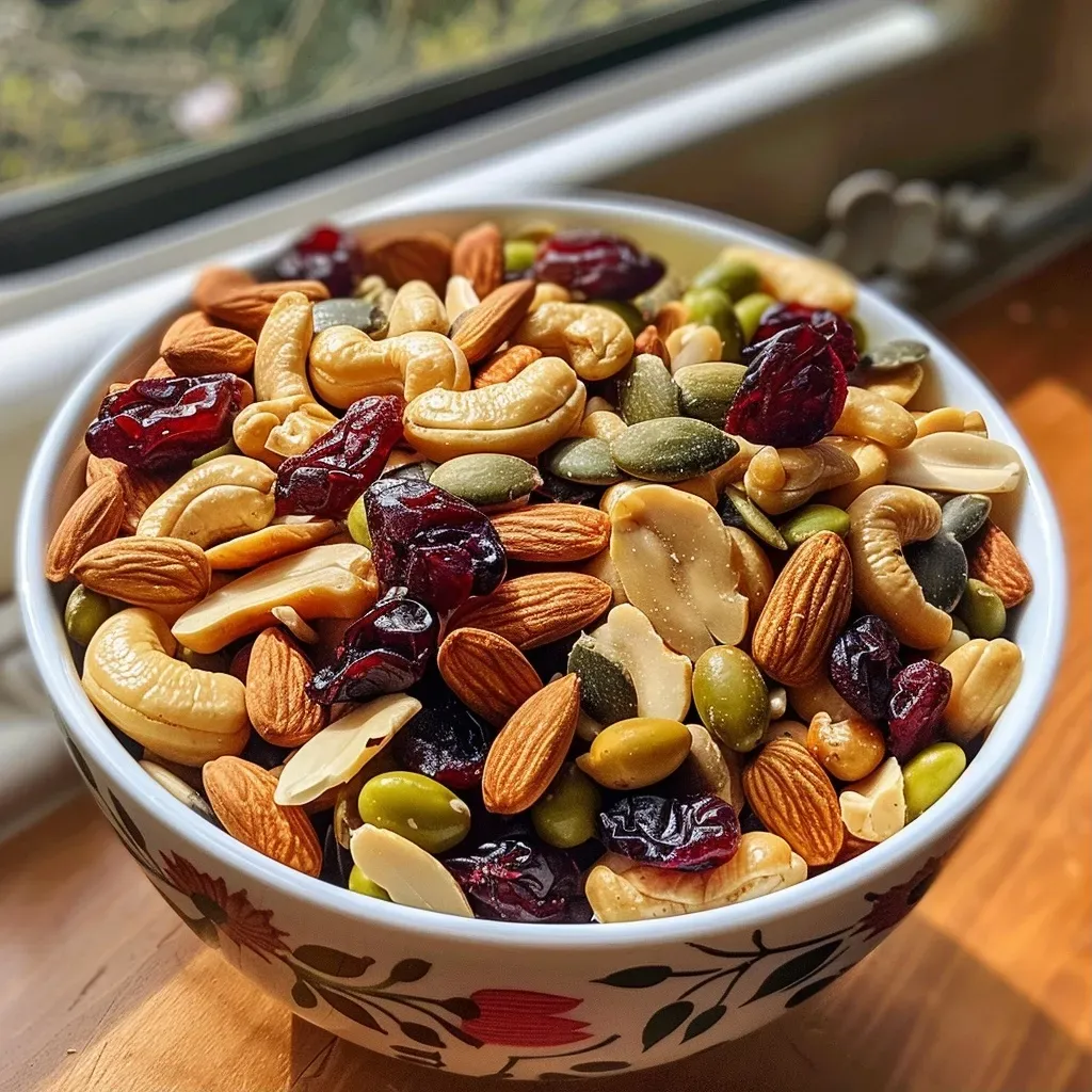 ['Close-up of colorful high protein trail mix with nuts and dried fruits.', 'Side view of a bowl filled with trail mix ingredients including nuts and chocolate.', 'Brightly colored high protein trail mix featuring edamame, cranberries, and chocolate chips.', 'Detailed view of healthy trail mix showcasing a variety of nuts and seeds.']