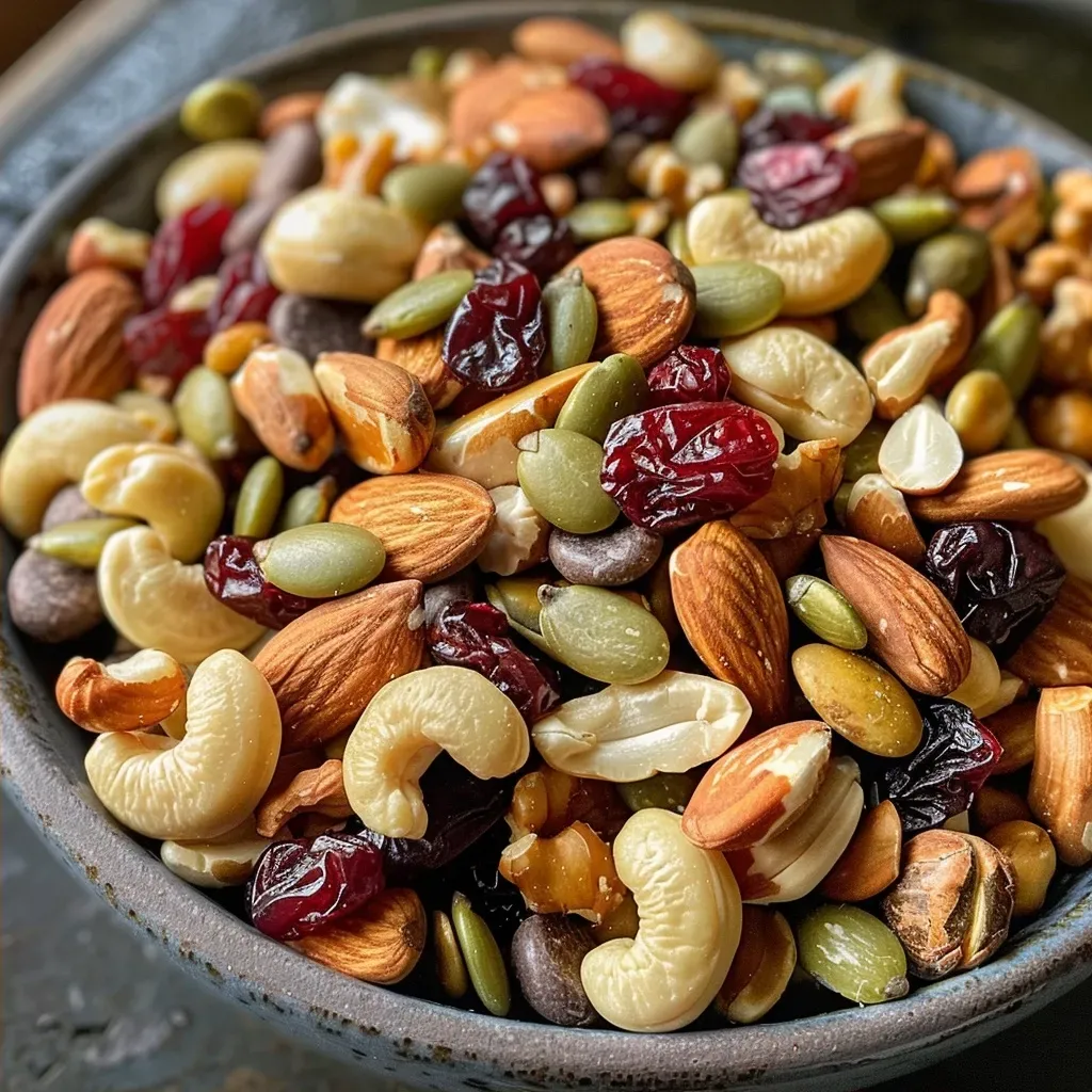 ['Close-up of colorful high protein trail mix with nuts and dried fruits.', 'Side view of a bowl filled with trail mix ingredients including nuts and chocolate.', 'Brightly colored high protein trail mix featuring edamame, cranberries, and chocolate chips.', 'Detailed view of healthy trail mix showcasing a variety of nuts and seeds.']