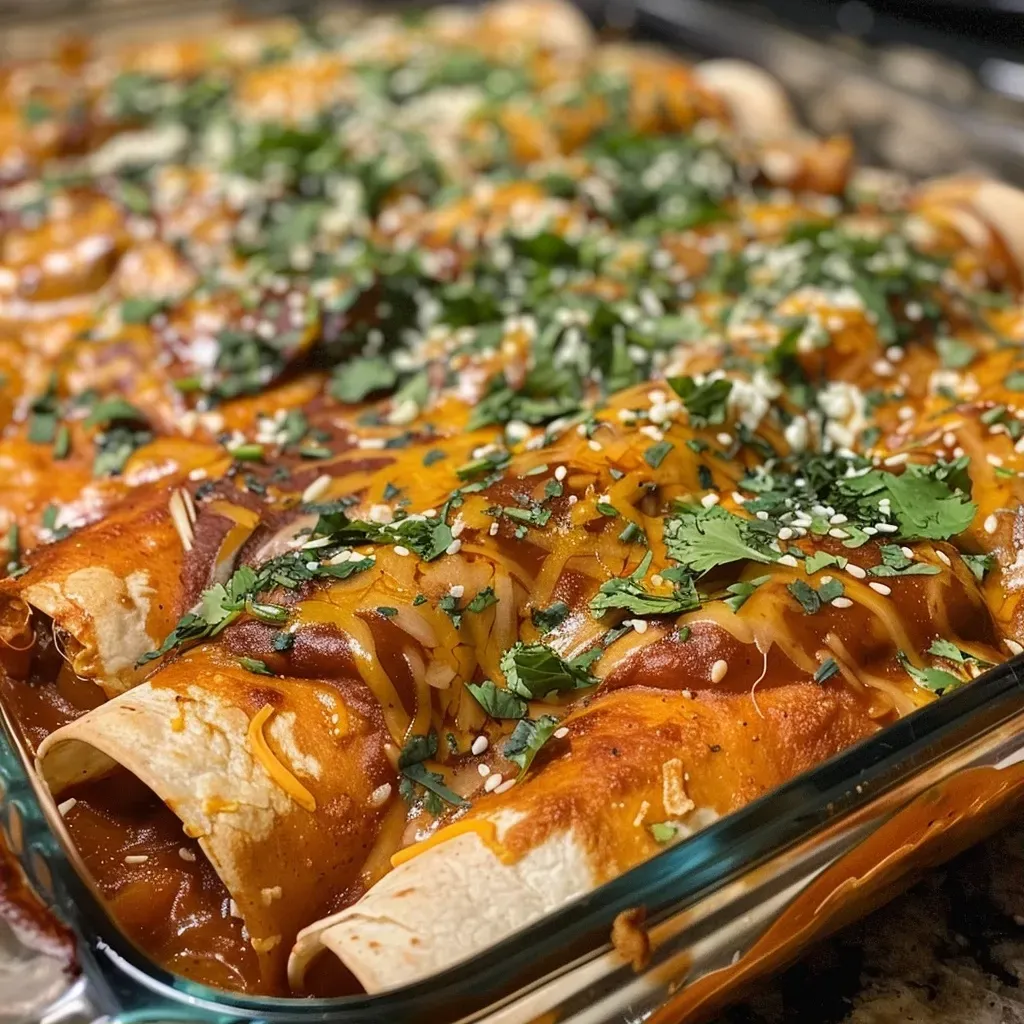 ['A close-up view of Holy Mole Enchiladas topped with toasted sesame seeds.', 'Juicy enchiladas filled with shredded chicken and beans, garnished with sesame seeds.', 'Side view of Holy Mole Enchiladas, showcasing melted cheese and fresh toppings.', 'Colorful presentation of enchiladas filled with chicken and beans, ready to serve.']