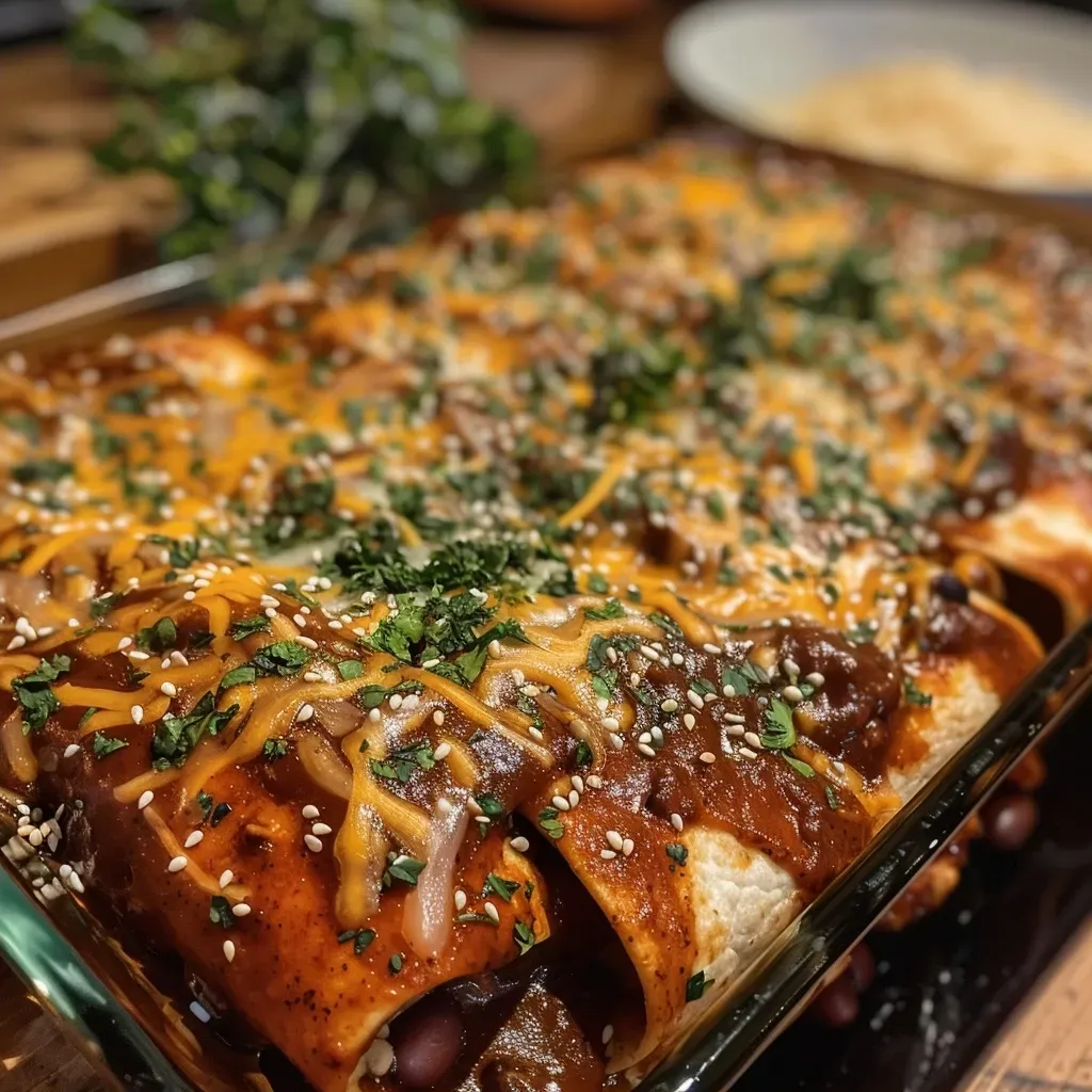 ['A close-up view of Holy Mole Enchiladas topped with toasted sesame seeds.', 'Juicy enchiladas filled with shredded chicken and beans, garnished with sesame seeds.', 'Side view of Holy Mole Enchiladas, showcasing melted cheese and fresh toppings.', 'Colorful presentation of enchiladas filled with chicken and beans, ready to serve.']