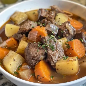 ['Close-up view of steaming homemade beef stew in a white bowl.', 'Side angle shot of beef stew featuring tender meat and vegetables.', 'Juicy beef stew with visible chunks of beef, potatoes, and carrots.', 'A hearty bowl of beef stew showcasing vibrant ingredients like carrots and herbs.']