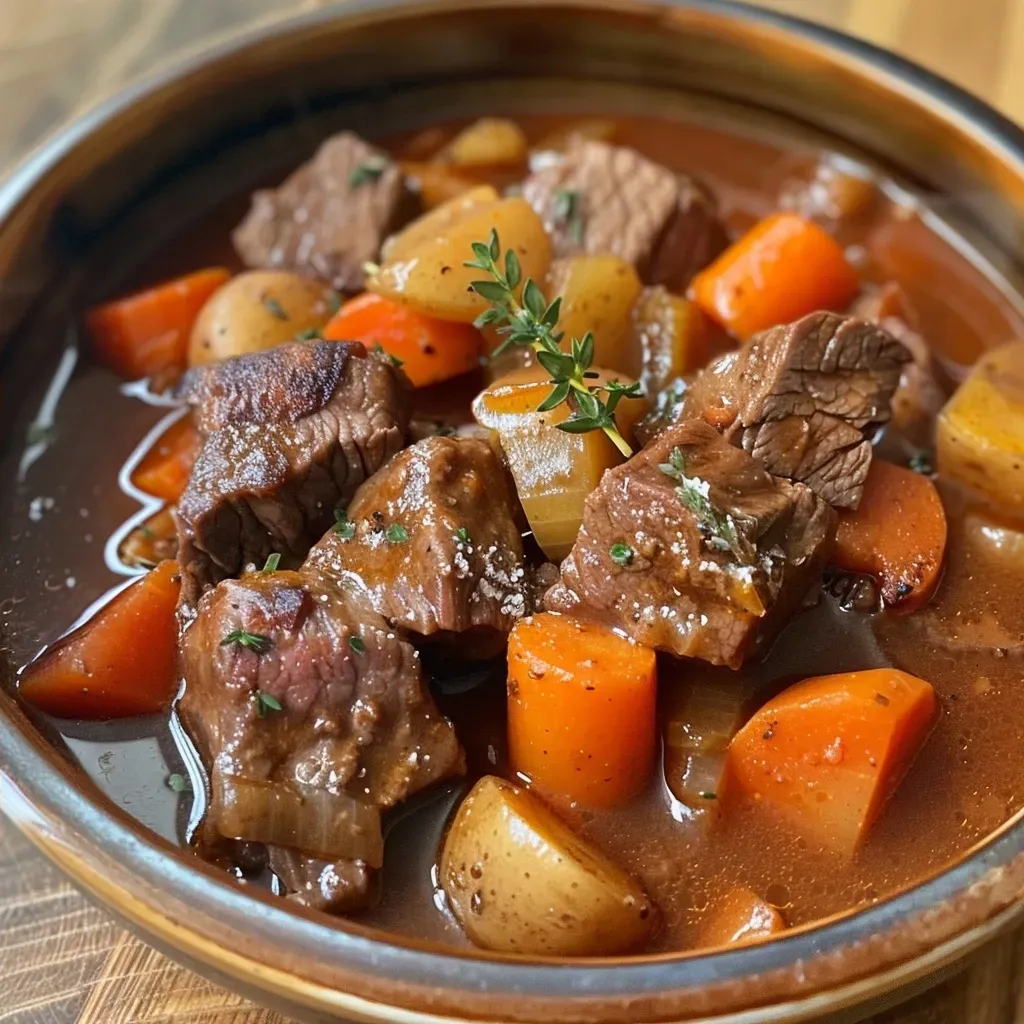 ['Close-up view of steaming homemade beef stew in a white bowl.', 'Side angle shot of beef stew featuring tender meat and vegetables.', 'Juicy beef stew with visible chunks of beef, potatoes, and carrots.', 'A hearty bowl of beef stew showcasing vibrant ingredients like carrots and herbs.']