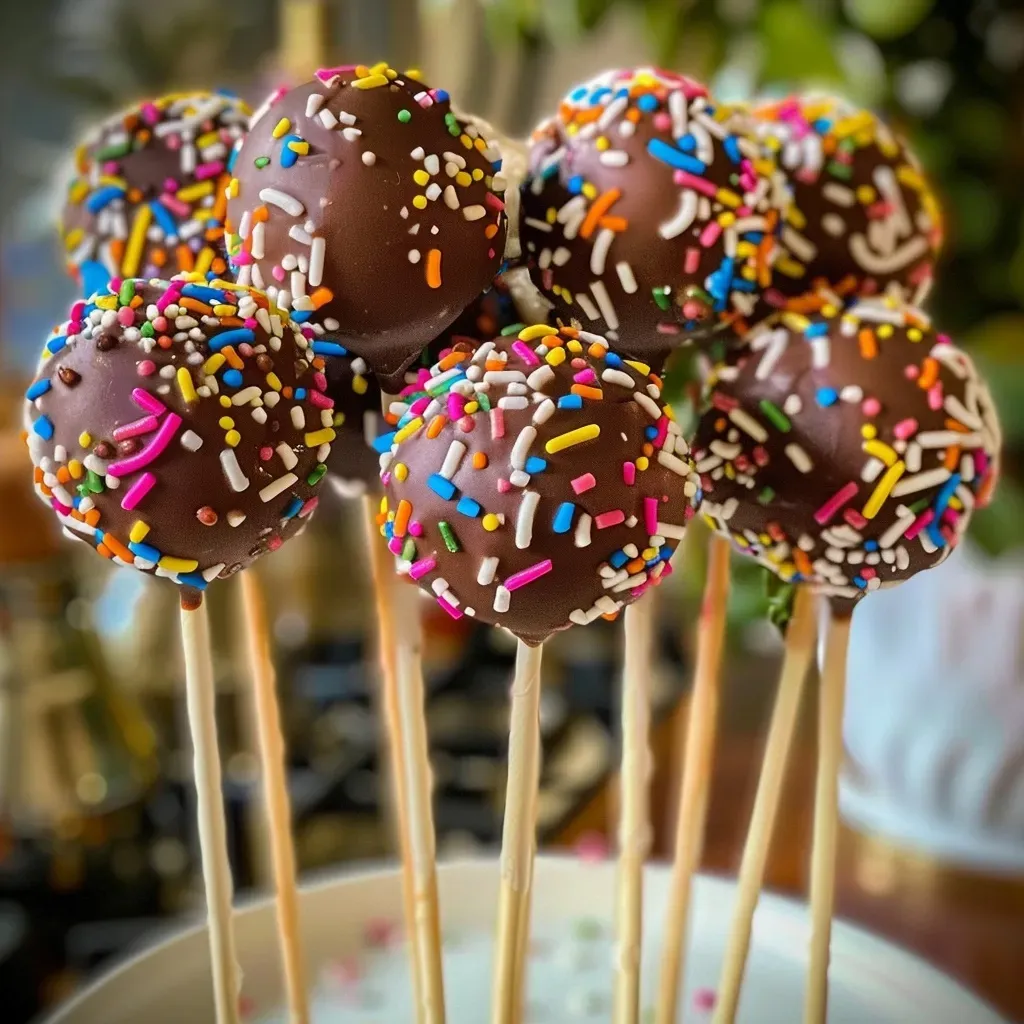 ['Close-up of colorful homemade cake pops on a white plate.', 'Side view of decorative cake pops topped with sprinkles.', 'Juicy homemade cake pops with a shiny glaze displayed on a table.', 'Assorted cake pops in vibrant colors, presented in a dessert stand.']