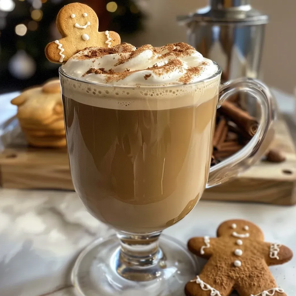 ['Close-up of a frothy gingerbread latte with a gingerbread man cookie on the rim.', 'Side view of a creamy homemade gingerbread latte topped with whipped cream.', 'Hot gingerbread latte in a clear glass, decorated with spices and a cookie.', 'Rich homemade gingerbread latte served with festive decorations.']