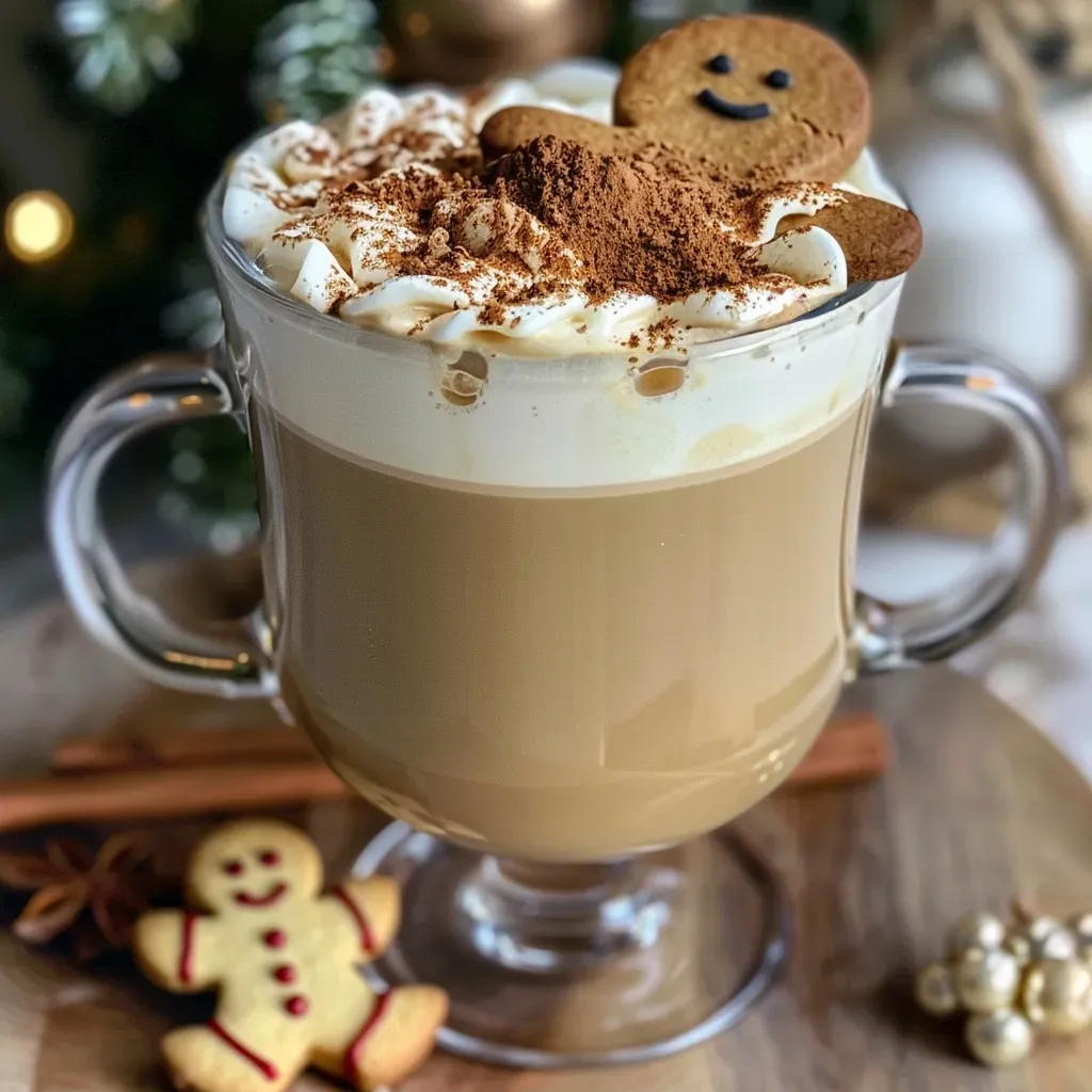 ['Close-up of a frothy gingerbread latte with a gingerbread man cookie on the rim.', 'Side view of a creamy homemade gingerbread latte topped with whipped cream.', 'Hot gingerbread latte in a clear glass, decorated with spices and a cookie.', 'Rich homemade gingerbread latte served with festive decorations.']
