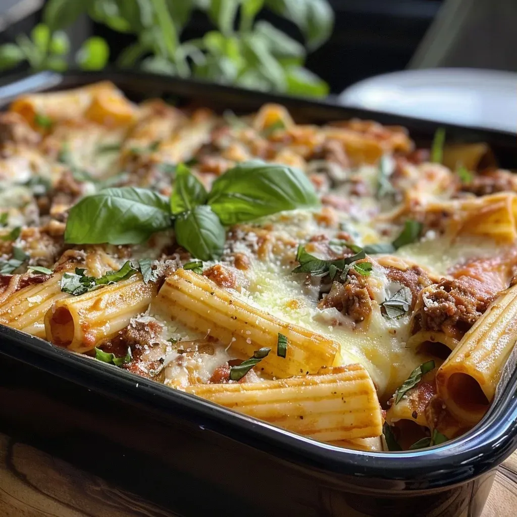 ['Close-up view of a homemade pasta bake with layers of cheese and meat.', 'Side view of a bubbling pasta bake topped with mozzarella and Parmesan.', 'Delicious homemade pasta bake showcasing golden melted cheese and fresh basil.', 'Juicy pasta bake served in a dish, featuring rigatoni, meat, and herbs.']