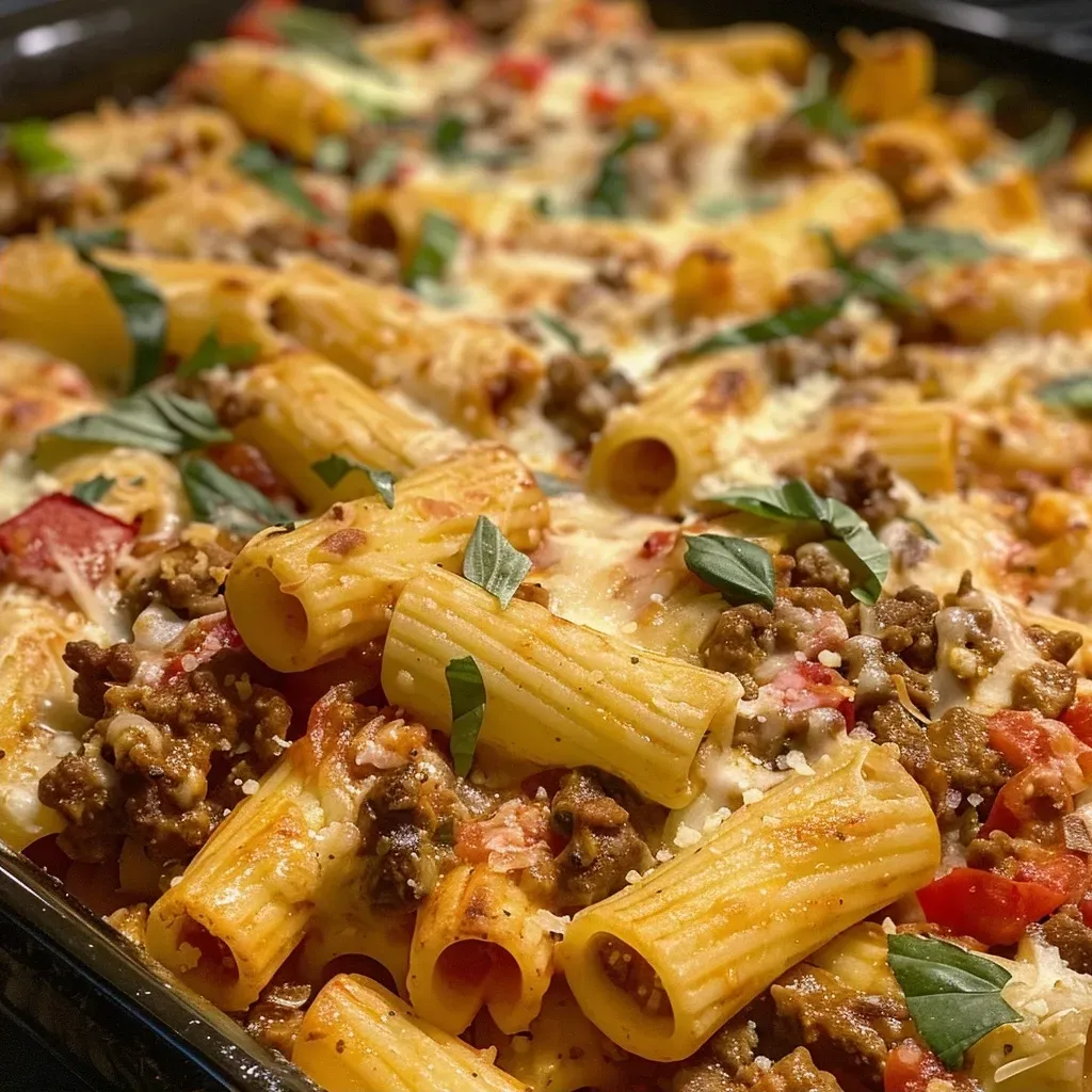 ['Close-up view of a homemade pasta bake with layers of cheese and meat.', 'Side view of a bubbling pasta bake topped with mozzarella and Parmesan.', 'Delicious homemade pasta bake showcasing golden melted cheese and fresh basil.', 'Juicy pasta bake served in a dish, featuring rigatoni, meat, and herbs.']