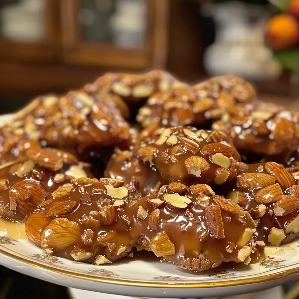 ['Close-up view of homemade praline made with hazelnuts and almonds.', 'Side view of a glossy praline, highlighting its nutty texture and caramelization.', 'Juicy homemade praline featuring chunks of hazelnuts and almonds.', 'Detailed shot of praline showcasing its rich, brown color and crunchy ingredients.']