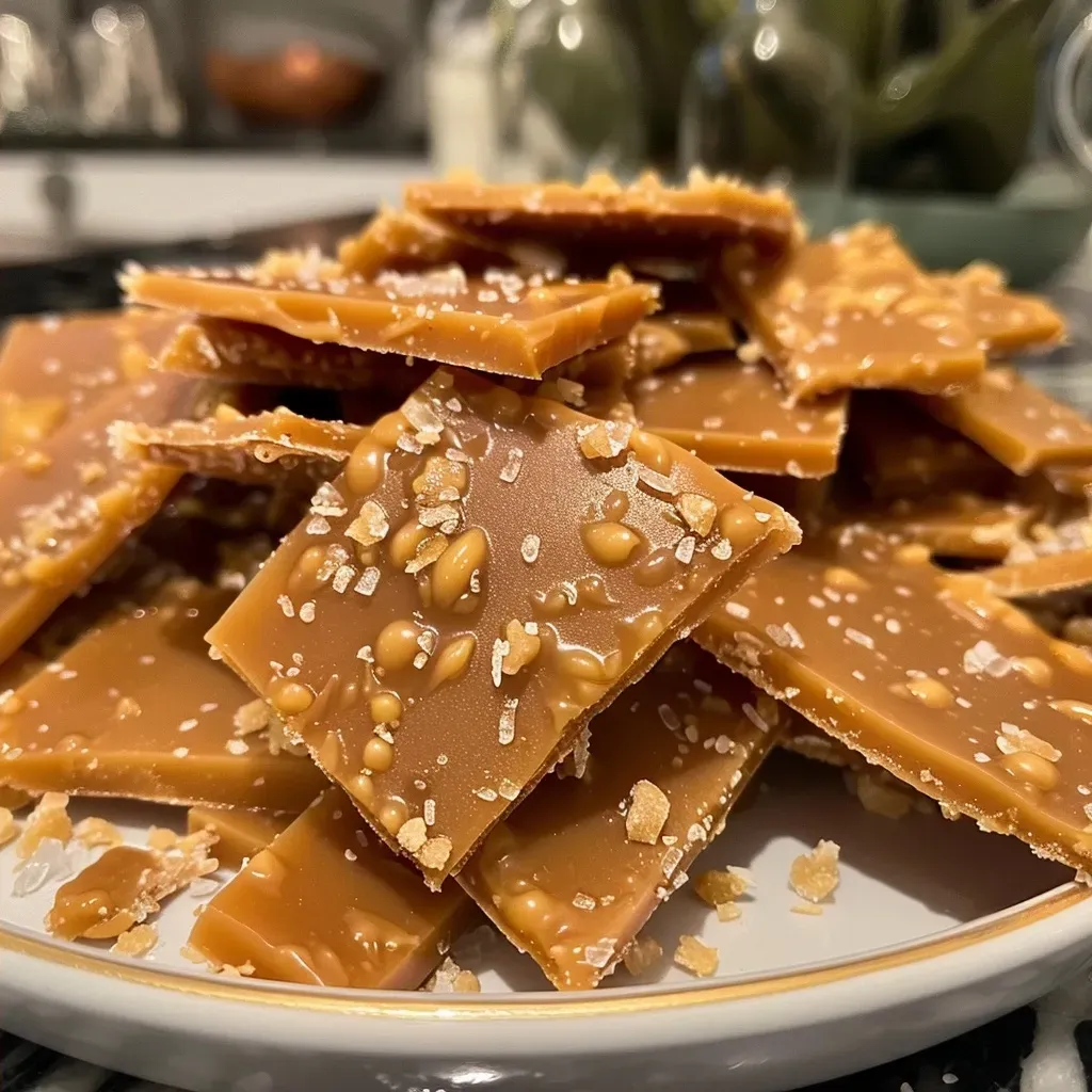 ['A close-up view of shiny, golden homemade toffee bits arranged on a plate.', 'Juicy homemade toffee bits showcased from the side, revealing their caramel color and texture.', 'A detailed shot of rich, decadent toffee bits with a smooth surface.', 'Side view of freshly made toffee bits with a glossy finish, highlighting their sweet appearance.']