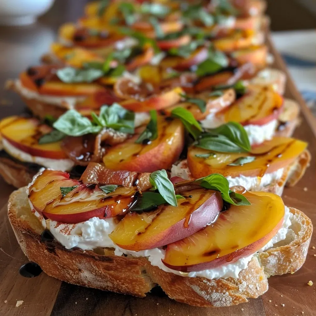 ['Close-up side view of Honey Ricotta Peach Crostini topped with crispy pancetta, basil, and drizzled with balsamic glaze.', 'A delicious crostini featuring honey ricotta, fresh peach slices, and crispy pancetta, served on a wooden board.', 'Side view of a toasted baguette slice with ricotta, peaches, pancetta, and basil, showcasing vibrant colors and textures.', 'Gourmet Honey Ricotta Peach Crostini with crispy pancetta, elegantly arranged on a rustic serving platter.']