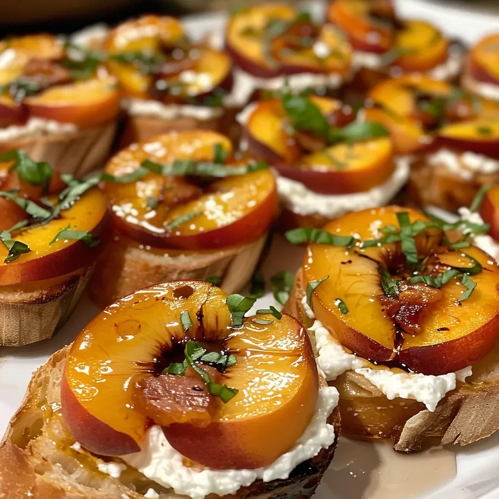 ['Close-up side view of Honey Ricotta Peach Crostini topped with crispy pancetta, basil, and drizzled with balsamic glaze.', 'A delicious crostini featuring honey ricotta, fresh peach slices, and crispy pancetta, served on a wooden board.', 'Side view of a toasted baguette slice with ricotta, peaches, pancetta, and basil, showcasing vibrant colors and textures.', 'Gourmet Honey Ricotta Peach Crostini with crispy pancetta, elegantly arranged on a rustic serving platter.']