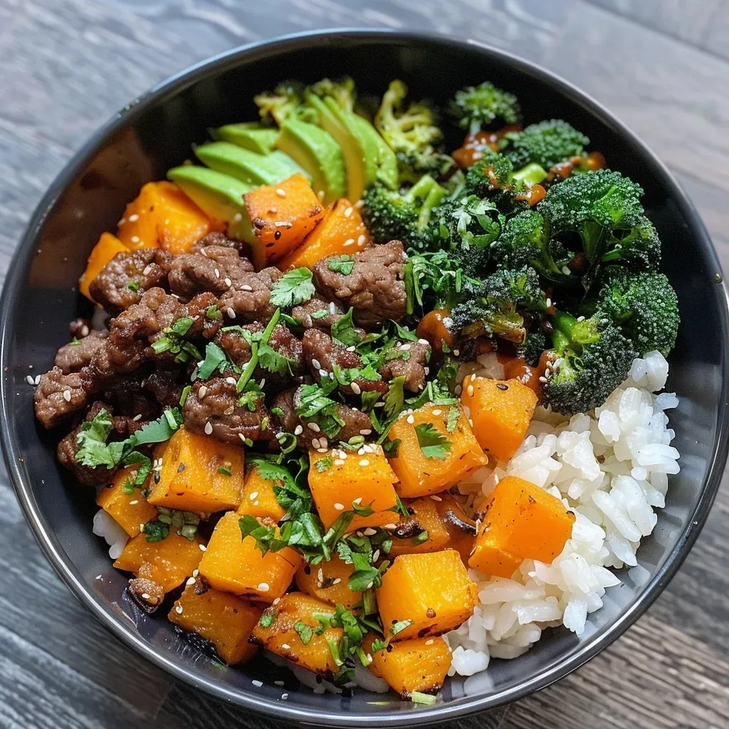 ['A close-up view of a bowl filled with Hot Honey Beef and Butternut Squash, garnished with avocado and yogurt.', 'A side view of a vibrant Hot Honey Beef bowl featuring diced butternut squash and broccoli florets.', 'A delicious serving of Hot Honey Beef with colorful butternut squash and topped with creamy yogurt.', 'A detailed close-up of a Hot Honey Beef bowl showcasing ground beef, butternut squash, and various toppings.']