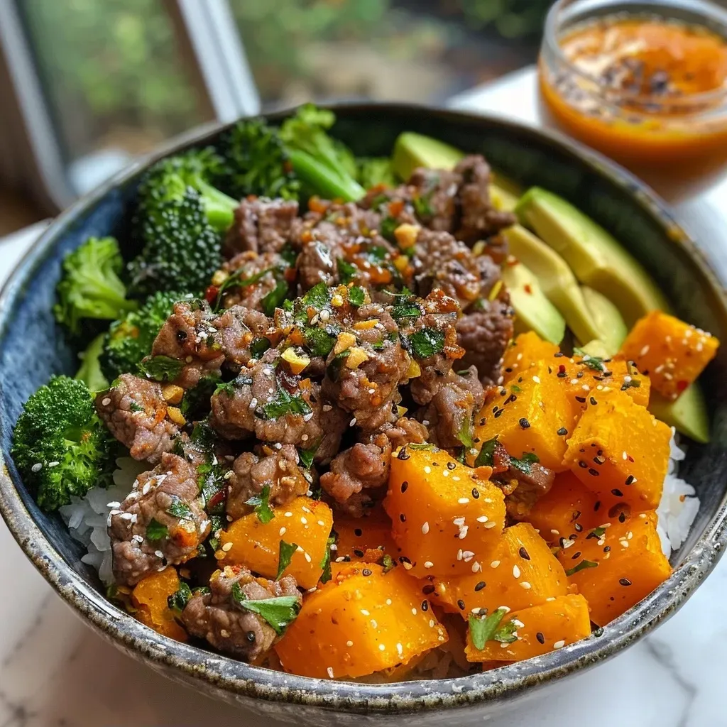 ['A close-up view of a bowl filled with Hot Honey Beef and Butternut Squash, garnished with avocado and yogurt.', 'A side view of a vibrant Hot Honey Beef bowl featuring diced butternut squash and broccoli florets.', 'A delicious serving of Hot Honey Beef with colorful butternut squash and topped with creamy yogurt.', 'A detailed close-up of a Hot Honey Beef bowl showcasing ground beef, butternut squash, and various toppings.']