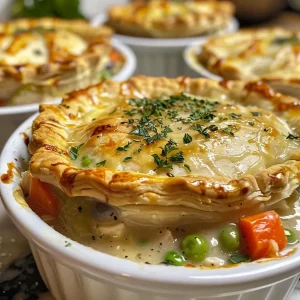 ['Close-up view of golden Individual Chicken Pot Pies with flaky crusts.', 'Side view of baked Individual Chicken Pot Pies with visible filling.', 'Juicy Individual Chicken Pot Pies featuring a golden crust and steam.', 'Individual Chicken Pot Pies with a crisp crust and peeking ingredients.']