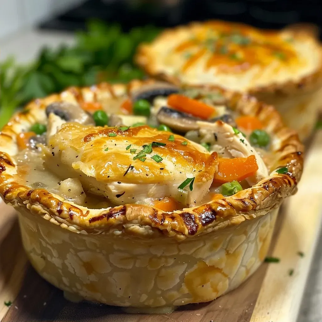 ['Close-up view of golden Individual Chicken Pot Pies with flaky crusts.', 'Side view of baked Individual Chicken Pot Pies with visible filling.', 'Juicy Individual Chicken Pot Pies featuring a golden crust and steam.', 'Individual Chicken Pot Pies with a crisp crust and peeking ingredients.']