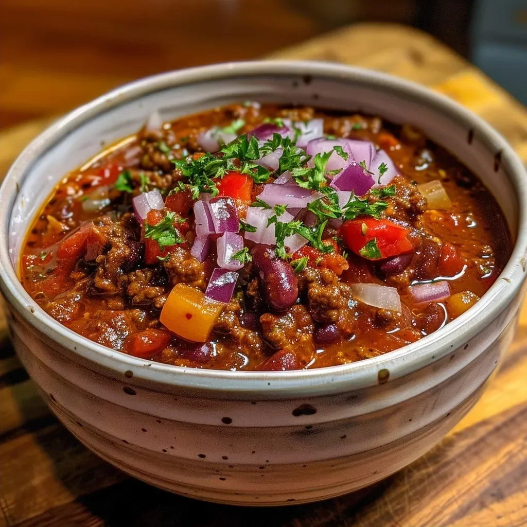 ['Close-up view of steaming Keto chili in a bowl with colorful ingredients visible.', 'Side angle of rich, hearty Keto chili with visible ground beef and diced vegetables.', 'Close-up shot of a delicious bowl of Keto chili, showcasing its thick texture and vibrant colors.', 'Detailed view of Keto chili featuring ground beef and fresh vegetables, served in a rustic bowl.']