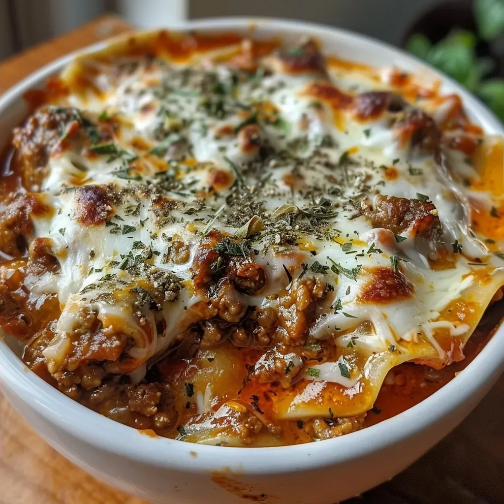 ['A close-up view of Keto Lasagna in a bowl, showcasing layers of sauce, cheese, and sausage.', 'Side view of a bowl filled with Keto Lasagna, featuring melted cheese and rich marinara sauce.', 'Delicious Keto Lasagna in a bowl, highlighting the ground sausage and creamy ricotta layers.', 'A vibrant bowl of Keto Lasagna showing various textures and colors from the ingredients.']
